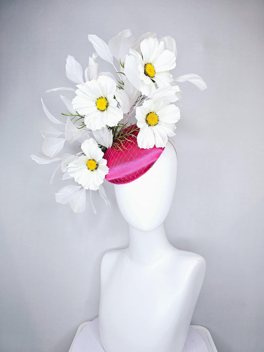 kentucky derby hat fascinator pink fuchsia satin with netting, white satin flowers with yellow center, green stems, white ivory feathers