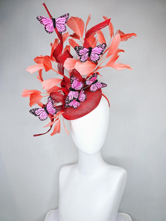 kentucky derby hat fascinator orange coral sinamay with curls, orange coral peach feathers, pink and black butterflies