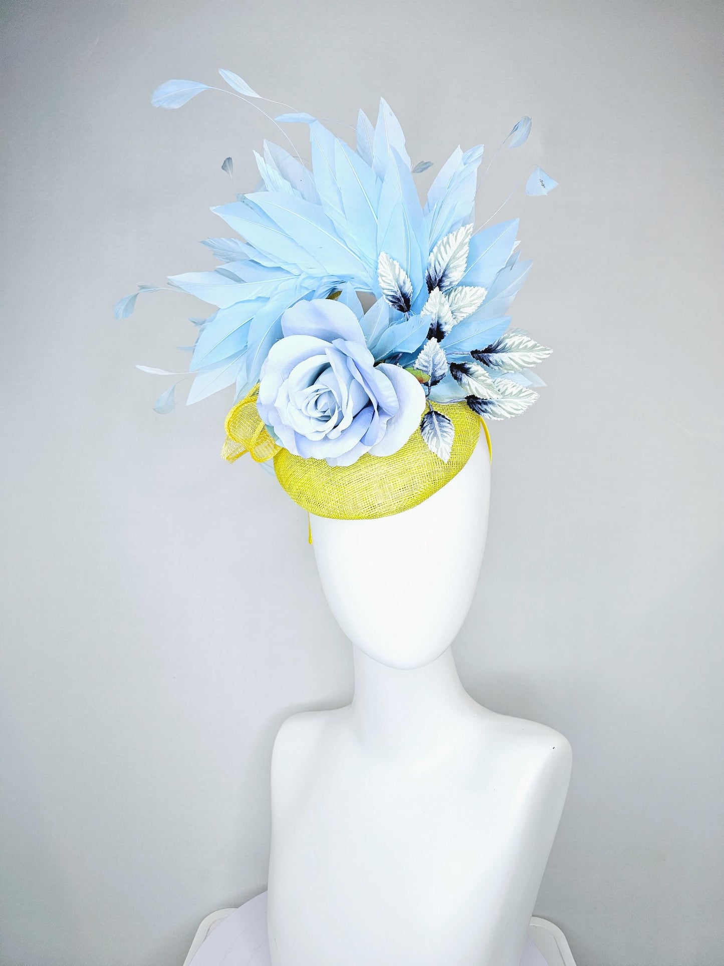 kentucky derby hat fascinator yellow sinamay, light baby blue satin rose flower, ombre navy blue leaves, sky blue branching feathers