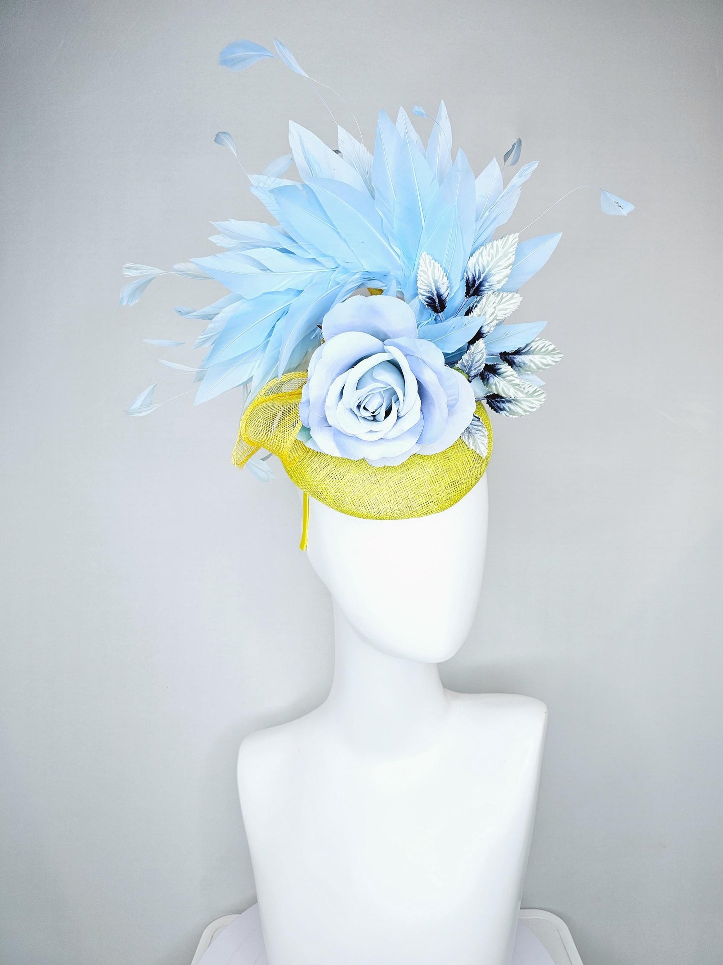 kentucky derby hat fascinator yellow sinamay, light baby blue satin rose flower, ombre navy blue leaves, sky blue branching feathers