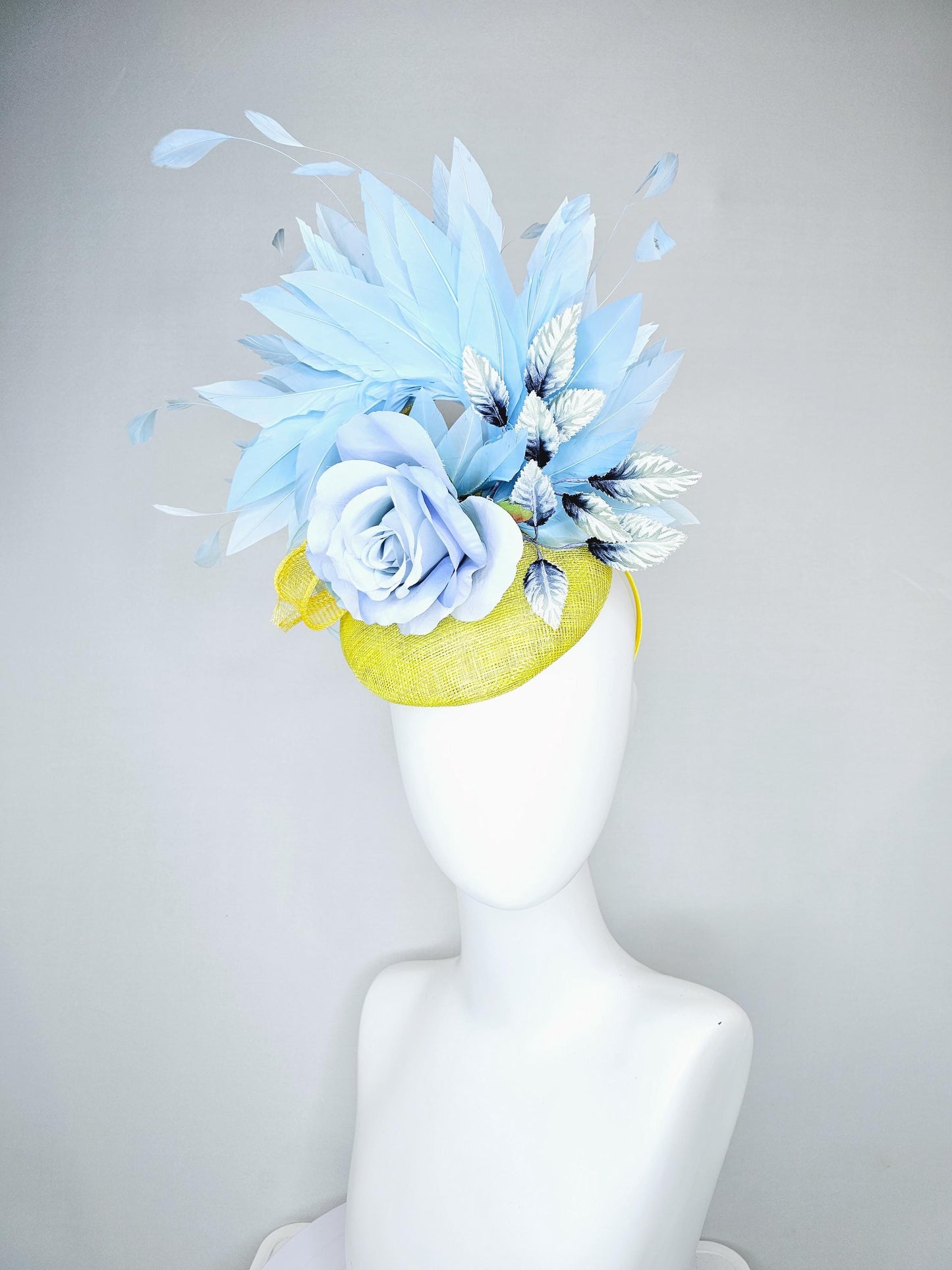 kentucky derby hat fascinator yellow sinamay, light baby blue satin rose flower, ombre navy blue leaves, sky blue branching feathers