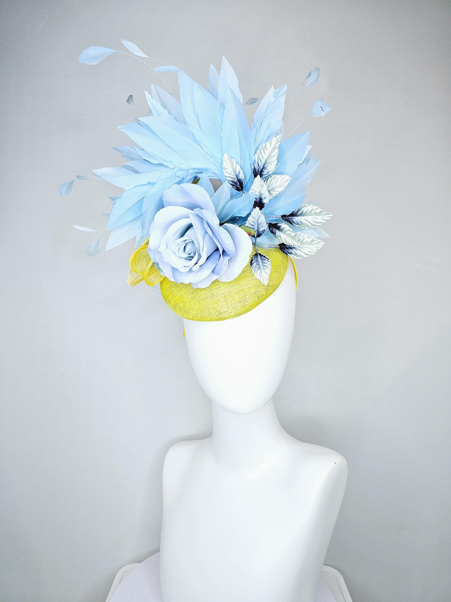 kentucky derby hat fascinator yellow sinamay, light baby blue satin rose flower, ombre navy blue leaves, sky blue branching feathers