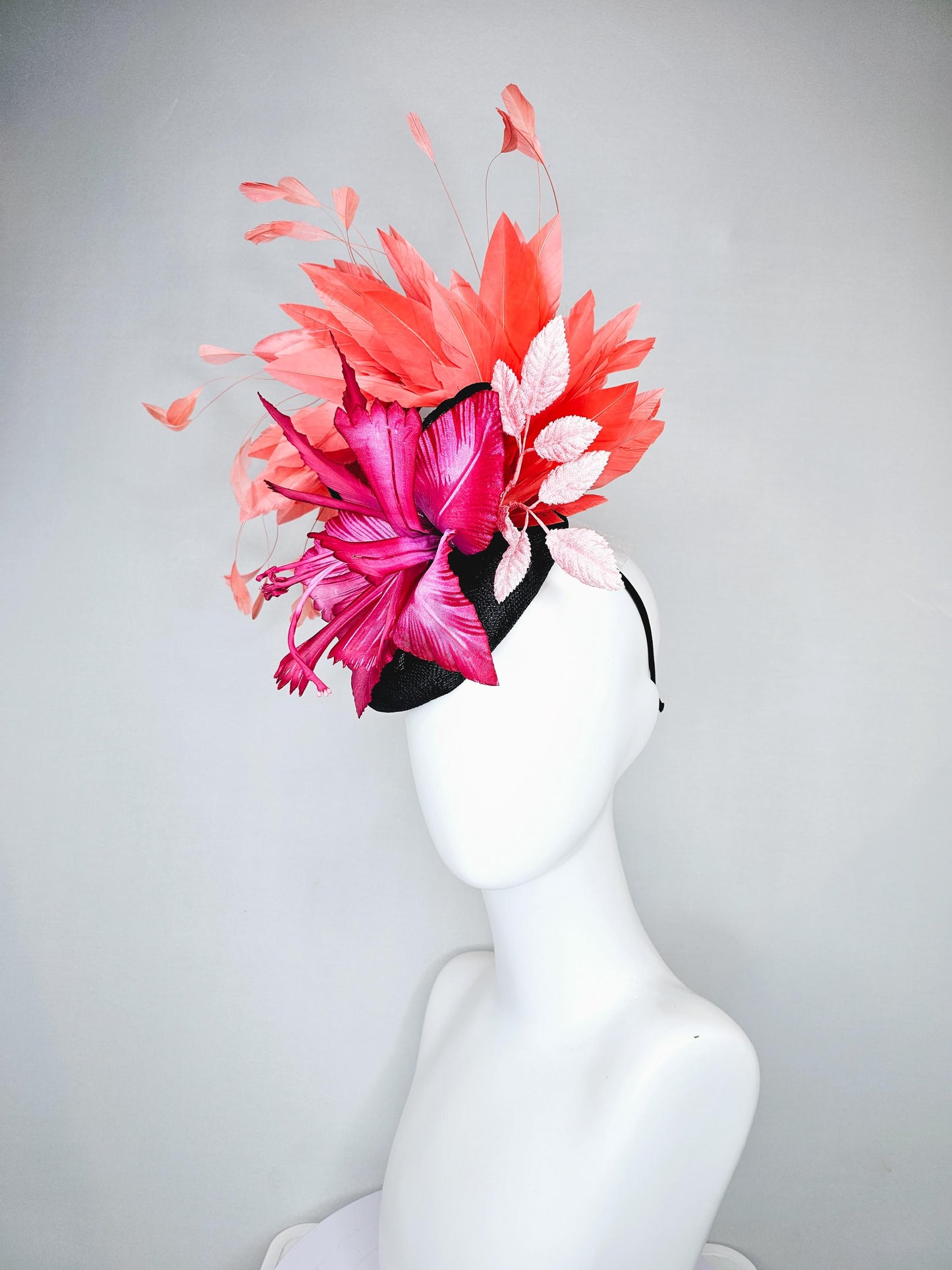 kentucky derby hat fascinator black sinamay with bow, ombre pink fuchsia satin flower, baby pink leaves, orange coral branching feathers