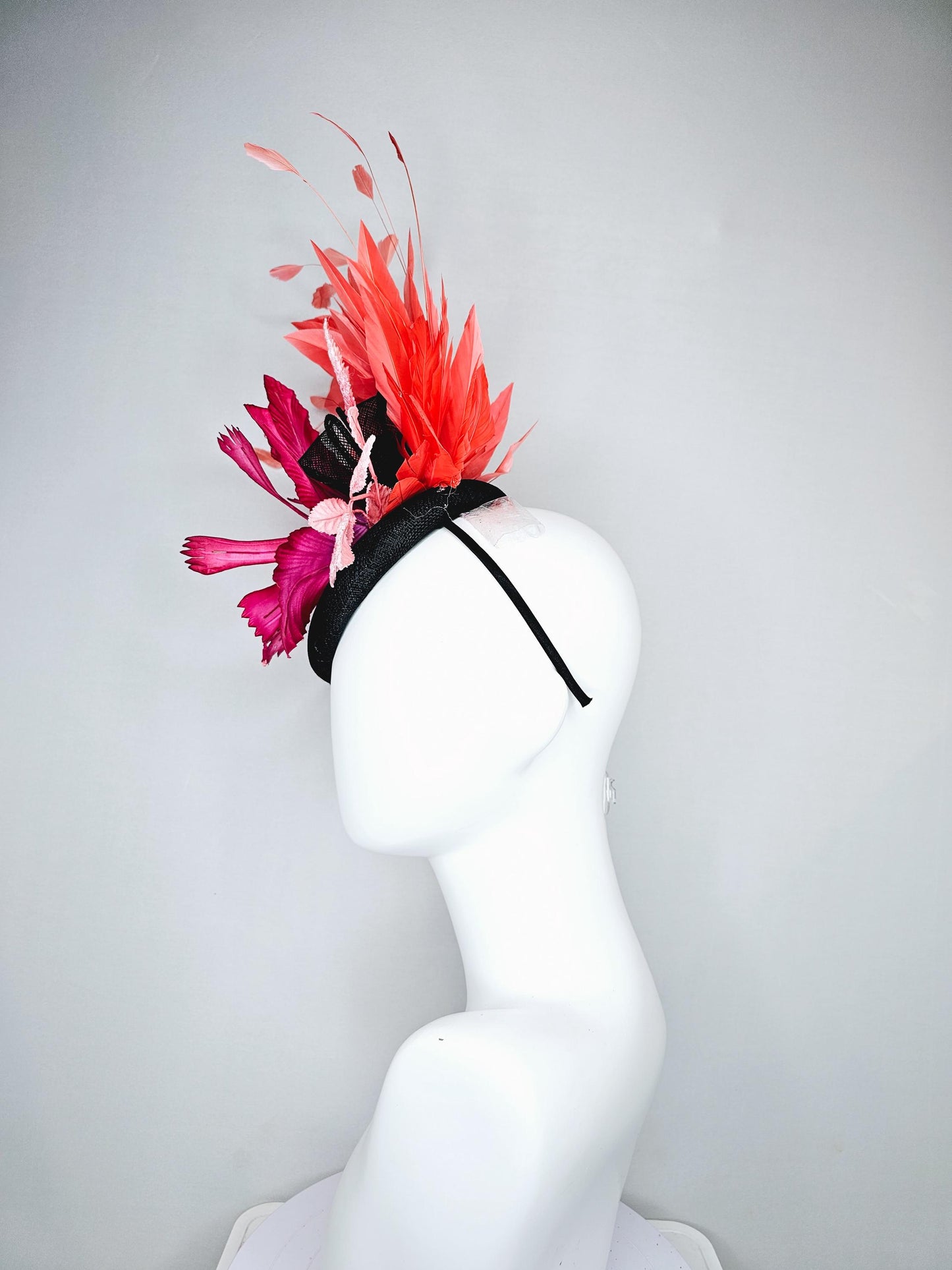 kentucky derby hat fascinator black sinamay with bow, ombre pink fuchsia satin flower, baby pink leaves, orange coral branching feathers