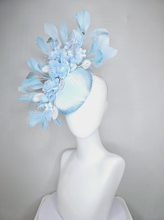 kentucky derby hat fascinator light blue satin with netting,light baby blue organza satin flowers,light blue white leaves,baby blue feathers