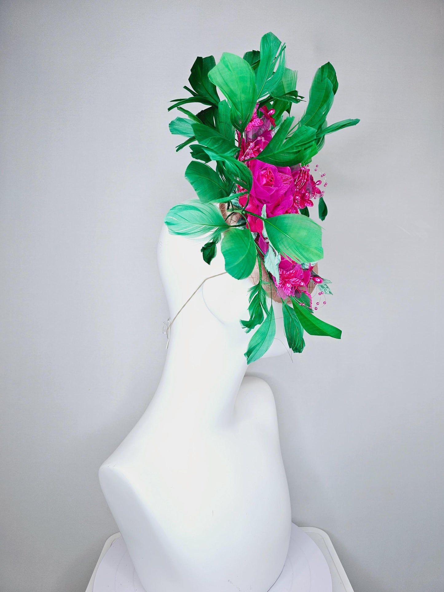 kentucky derby hat fascinator champagne satin w/ netting, bright pink fuchsia organza satin flowers,mint green leaves,emerald green feathers