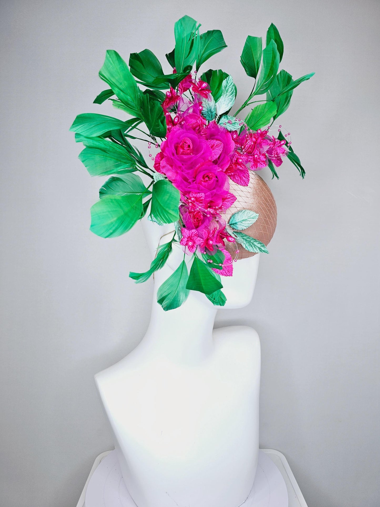 kentucky derby hat fascinator champagne satin w/ netting, bright pink fuchsia organza satin flowers,mint green leaves,emerald green feathers