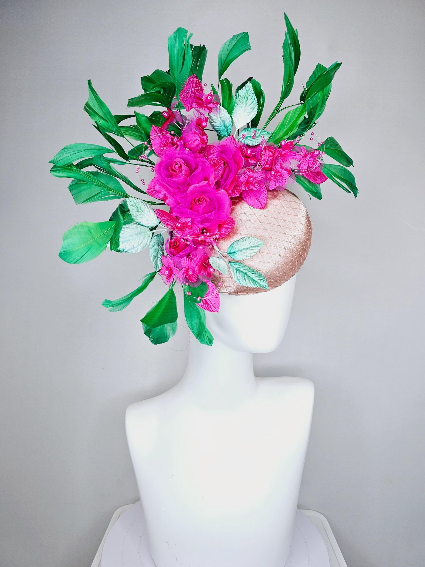 kentucky derby hat fascinator champagne satin w/ netting, bright pink fuchsia organza satin flowers,mint green leaves,emerald green feathers