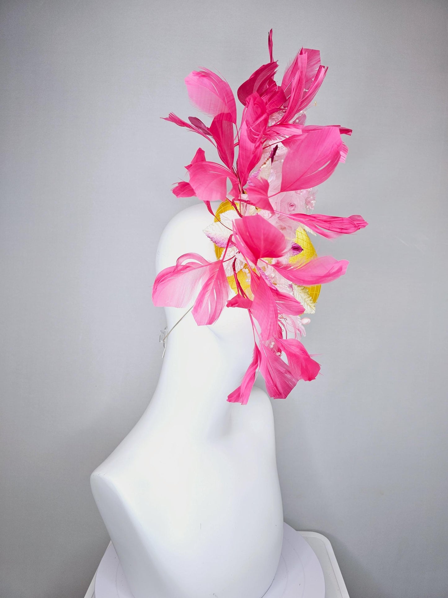 kentucky derby hat fascinator bright yellow satin w/ netting, light pink organza satin flowers,ombre pink leaves,hot pink branching feathers