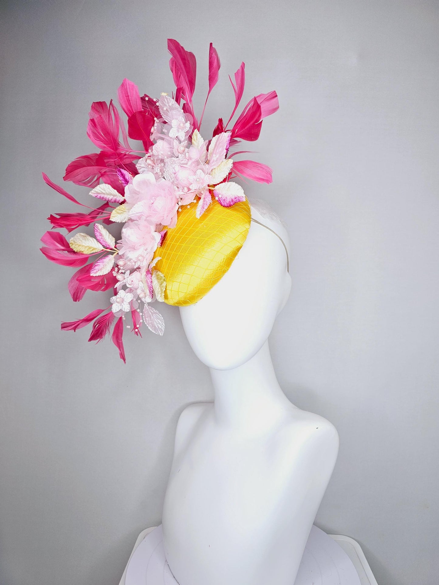 kentucky derby hat fascinator bright yellow satin w/ netting, light pink organza satin flowers,ombre pink leaves,hot pink branching feathers