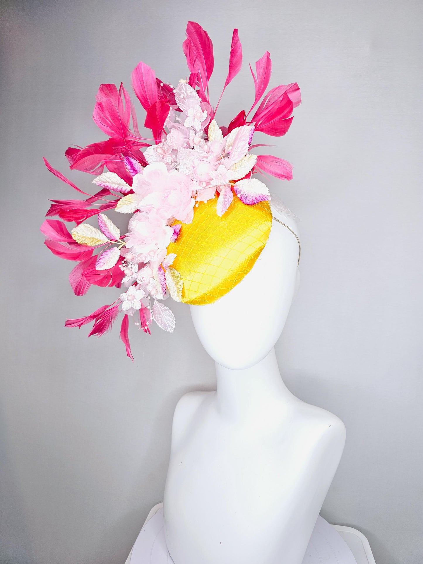 kentucky derby hat fascinator bright yellow satin w/ netting, light pink organza satin flowers,ombre pink leaves,hot pink branching feathers