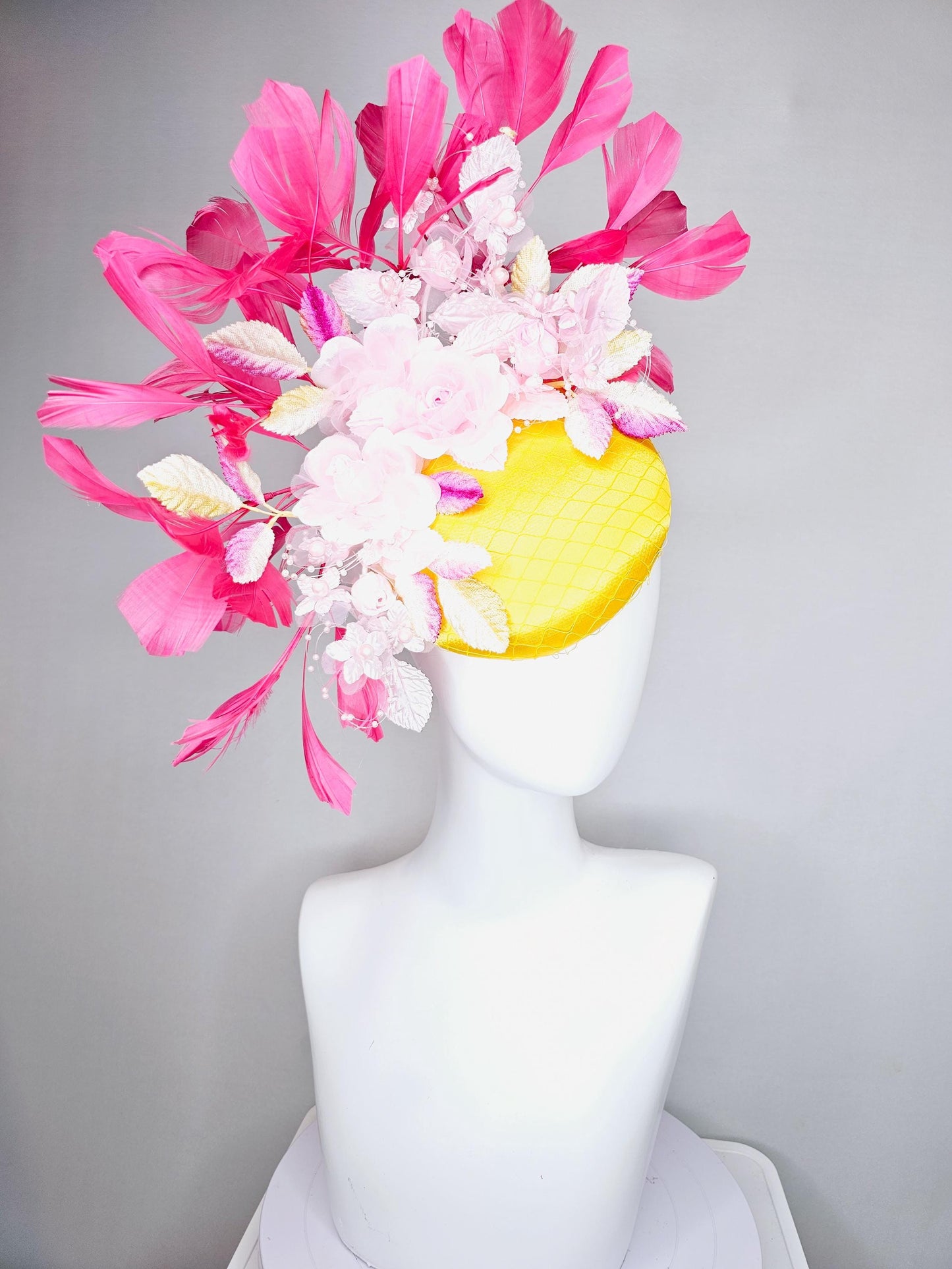 kentucky derby hat fascinator bright yellow satin w/ netting, light pink organza satin flowers,ombre pink leaves,hot pink branching feathers