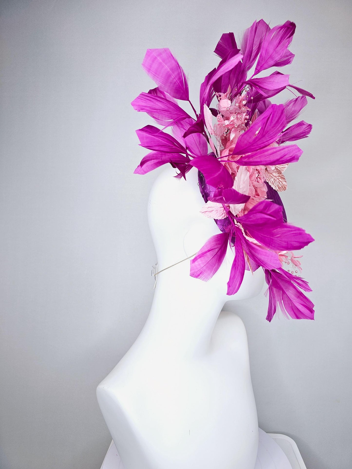 kentucky derby hat fascinator purple satin with netting, light blush pink organza satin flowers, light pink leaves, magenta purple feathers