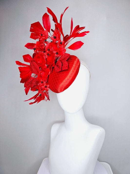 kentucky derby hat fascinator red satin with netting, scarlet red organza satin flowers, scarlet red leaves,scarlet red branching feathers