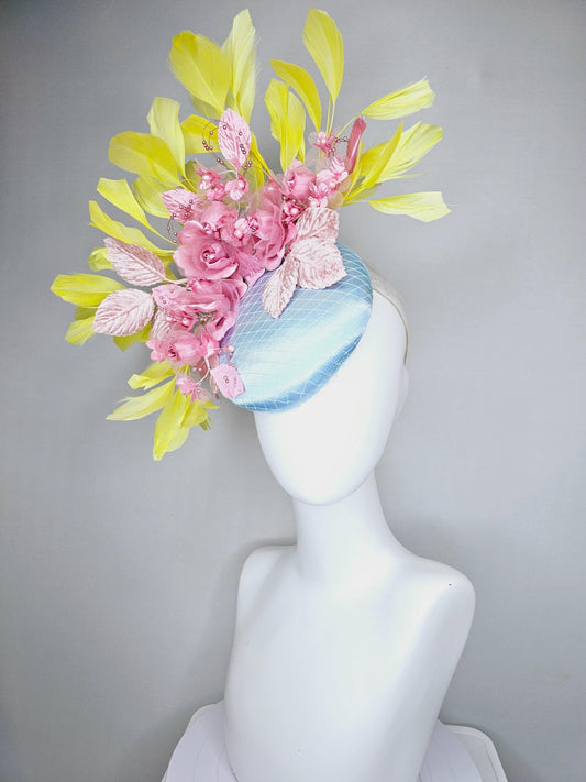 kentucky derby hat fascinator baby blue satin with netting, blush pink organza satin flowers, light pink leaves, yellow branching feathers