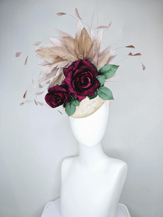 kentucky derby hat fascinator cream neutral sinamay with red wine burgundy satin silk rose flowers, green leaves, taupe branching feathers