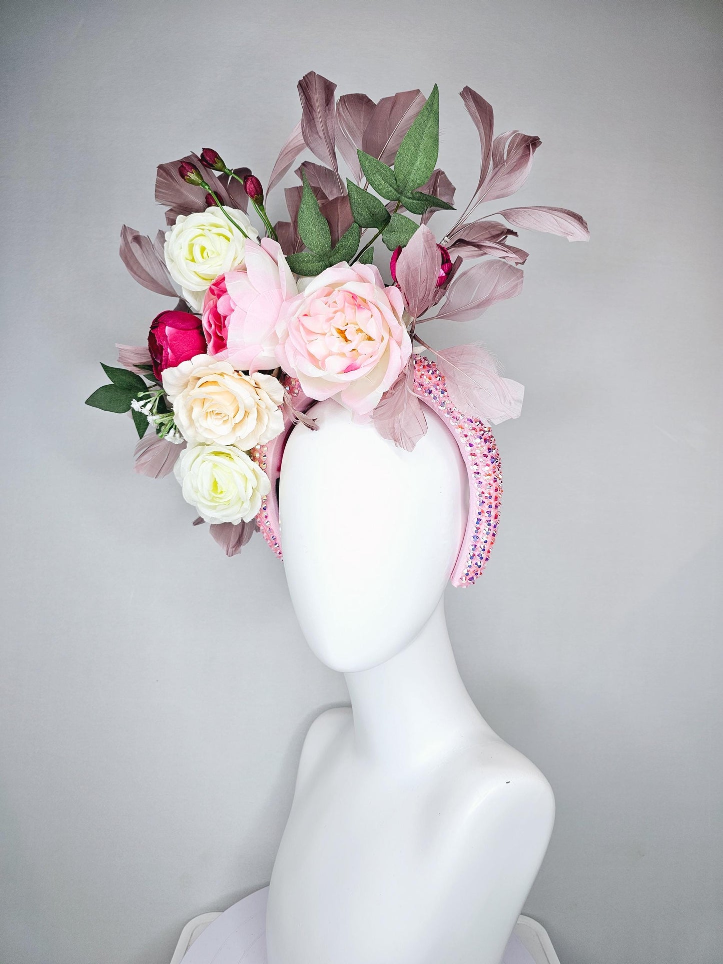 kentucky derby hat fascinator crystal iridescent baby pink headband,ivory cream light pink hot pink rose flowers,green leaves,taupe feathers