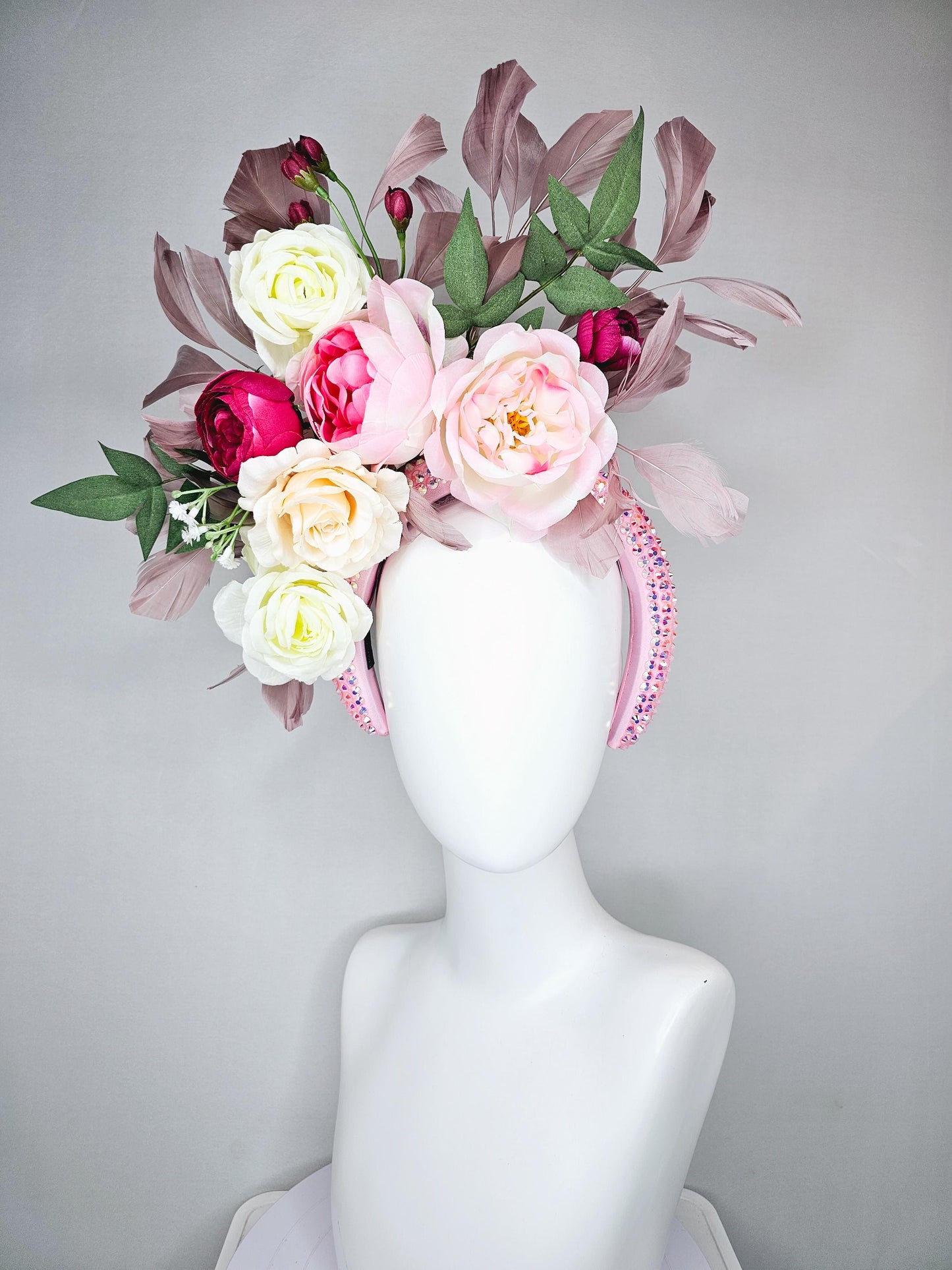 kentucky derby hat fascinator crystal iridescent baby pink headband,ivory cream light pink hot pink rose flowers,green leaves,taupe feathers