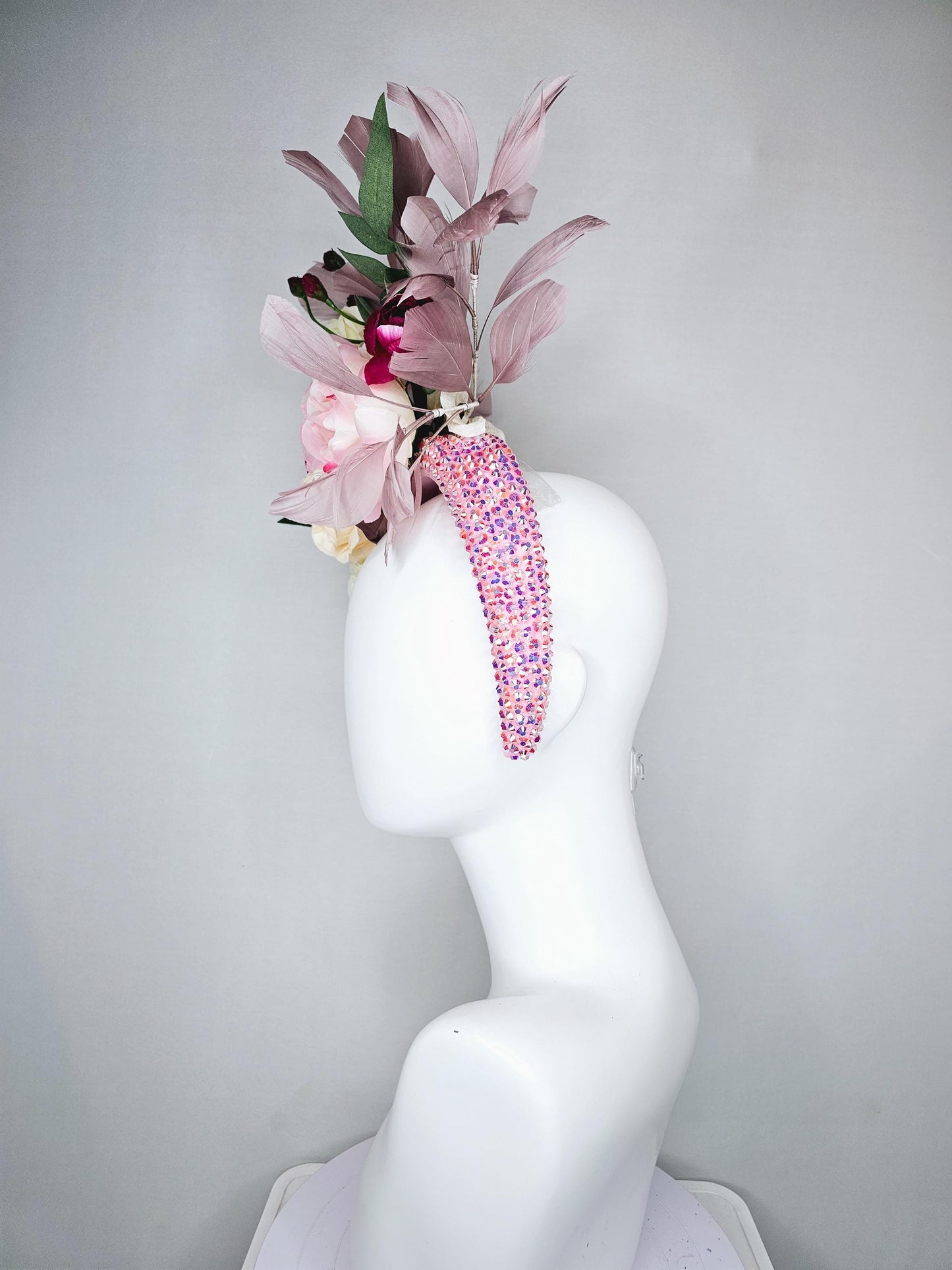 kentucky derby hat fascinator crystal iridescent baby pink headband,ivory cream light pink hot pink rose flowers,green leaves,taupe feathers