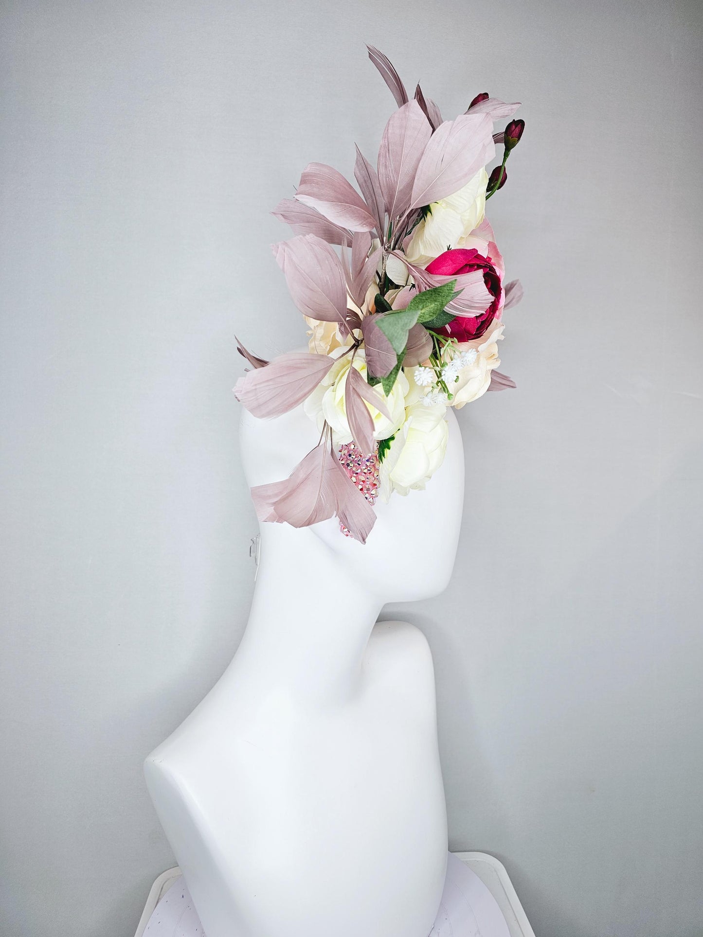 kentucky derby hat fascinator crystal iridescent baby pink headband,ivory cream light pink hot pink rose flowers,green leaves,taupe feathers