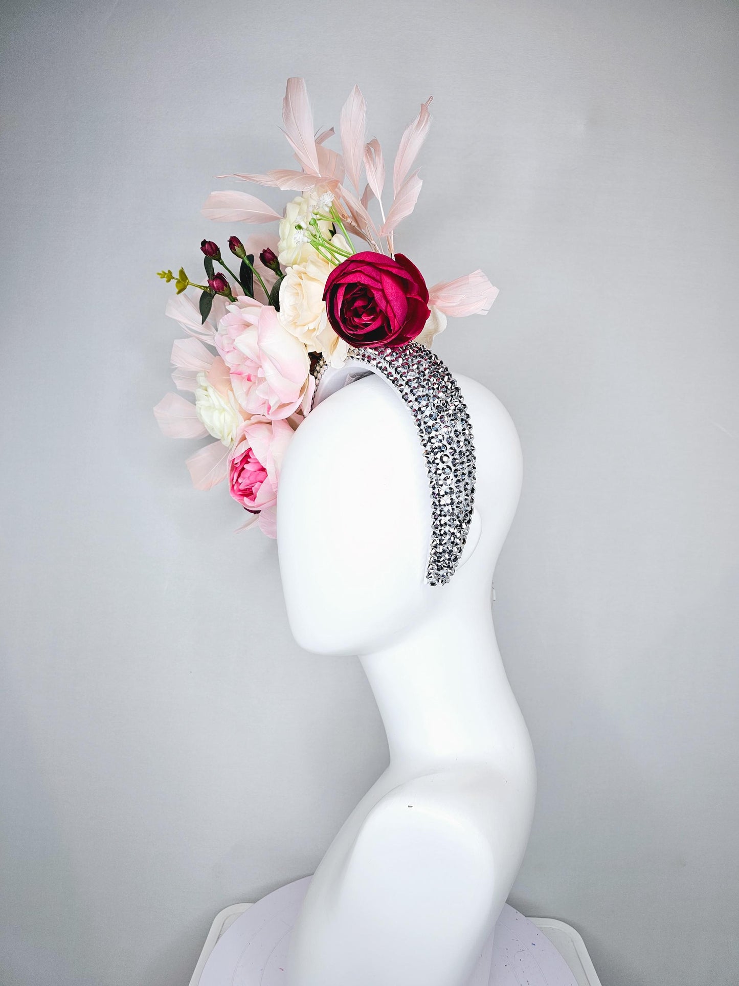 kentucky derby hat fascinator crystal silver headband, ivory cream light pink hot pink red rose flowers, green leaves, light pink feathers