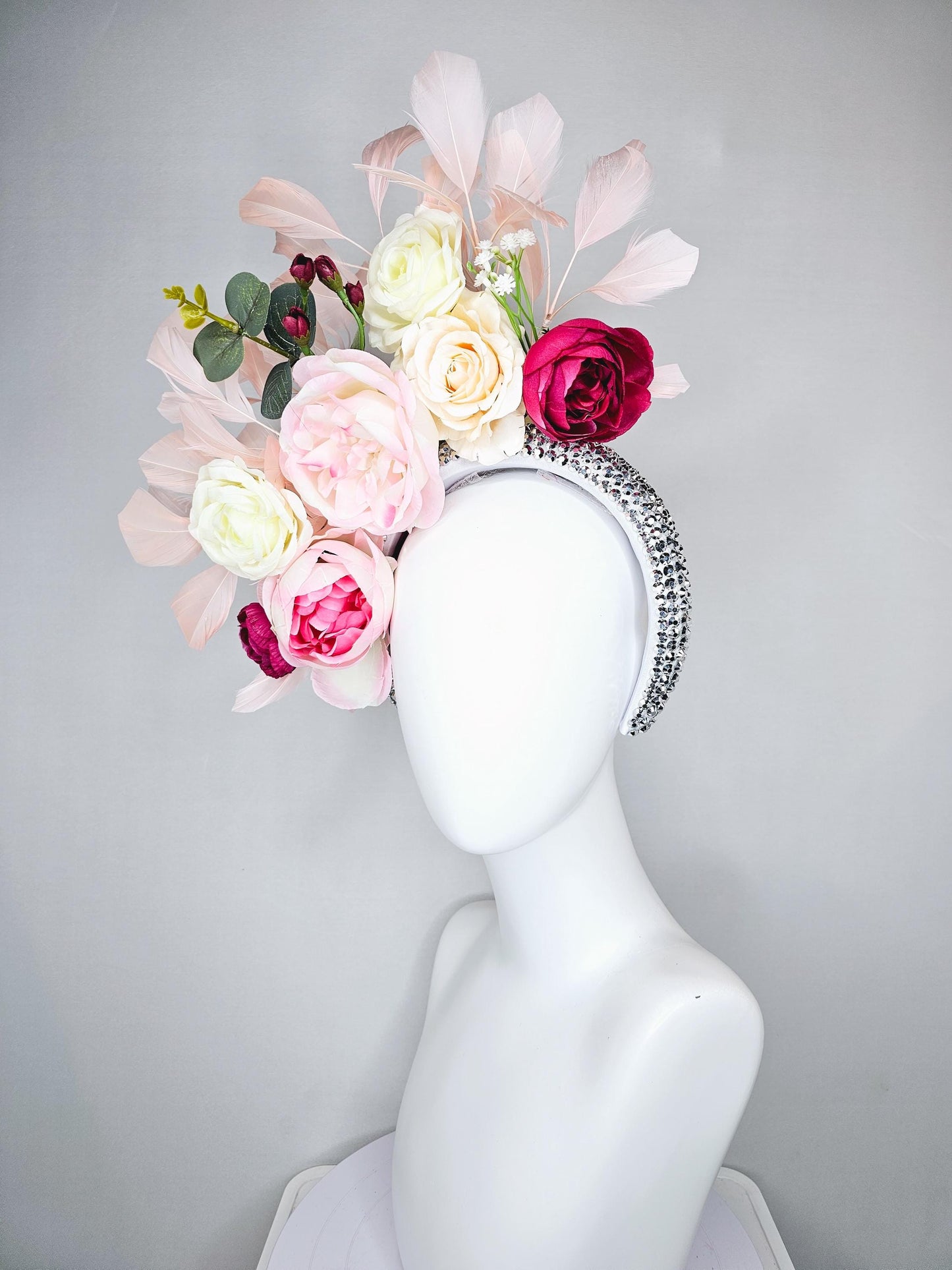 kentucky derby hat fascinator crystal silver headband, ivory cream light pink hot pink red rose flowers, green leaves, light pink feathers