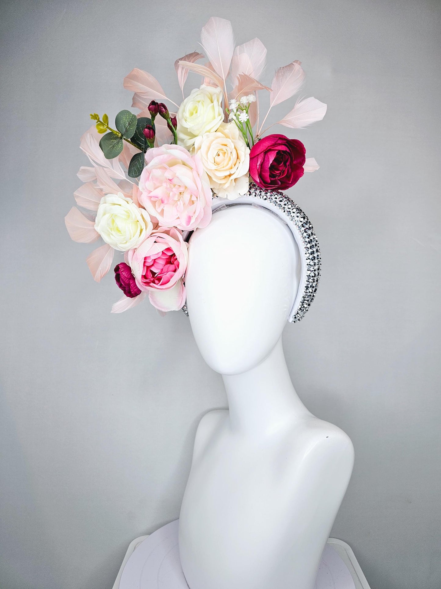 kentucky derby hat fascinator crystal silver headband, ivory cream light pink hot pink red rose flowers, green leaves, light pink feathers