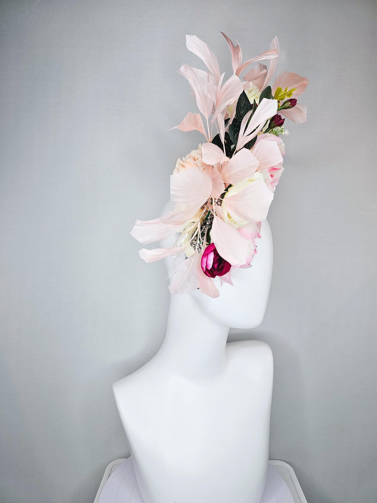 kentucky derby hat fascinator crystal silver headband, ivory cream light pink hot pink red rose flowers, green leaves, light pink feathers