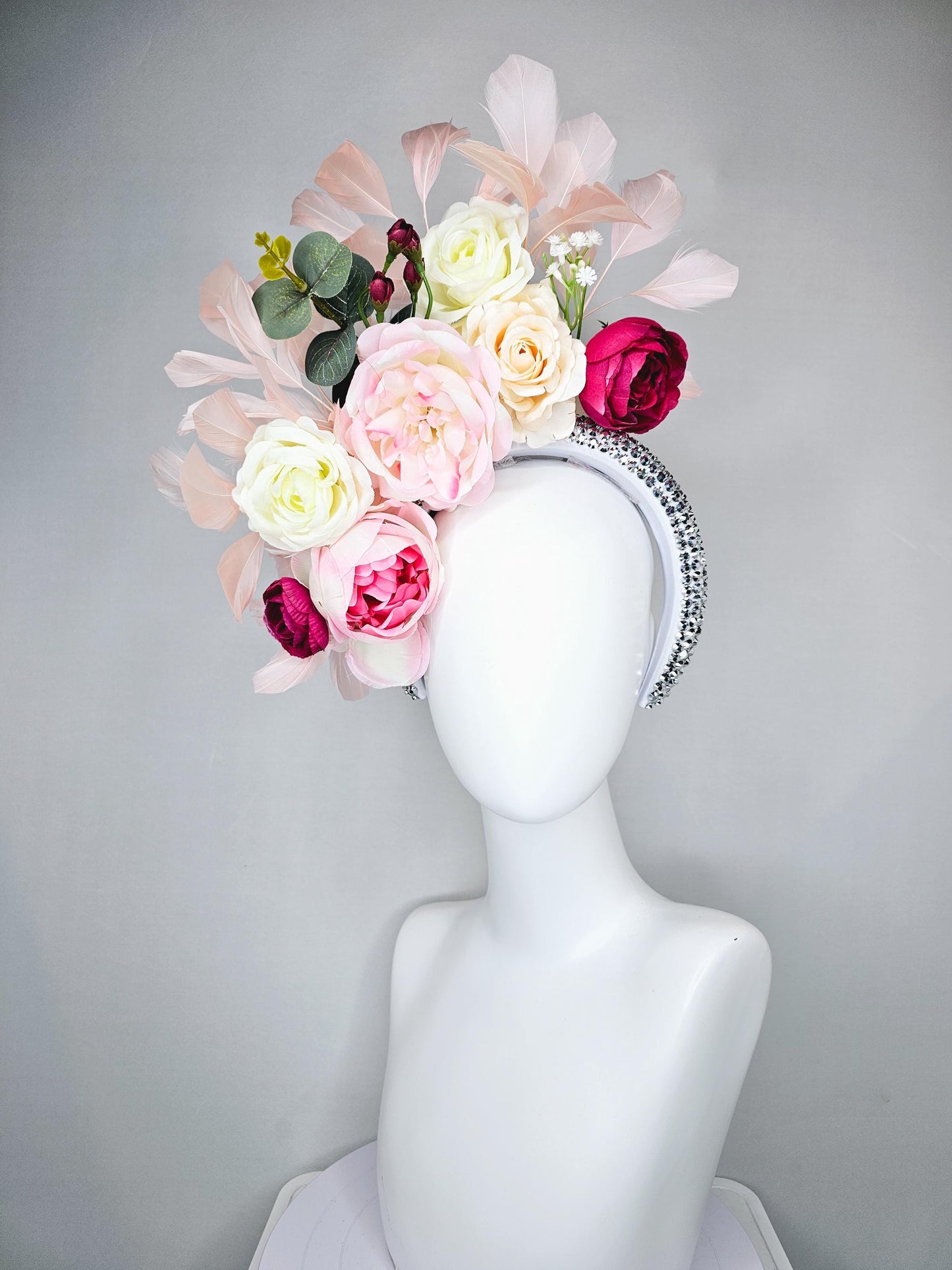 kentucky derby hat fascinator crystal silver headband, ivory cream light pink hot pink red rose flowers, green leaves, light pink feathers