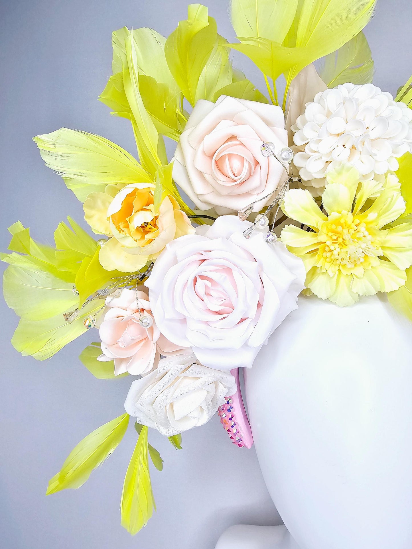 kentucky derby hat fascinator baby pink iridescent crystal headband,light pink rose flowers,white ivory light yellow flowers,yellow feathers