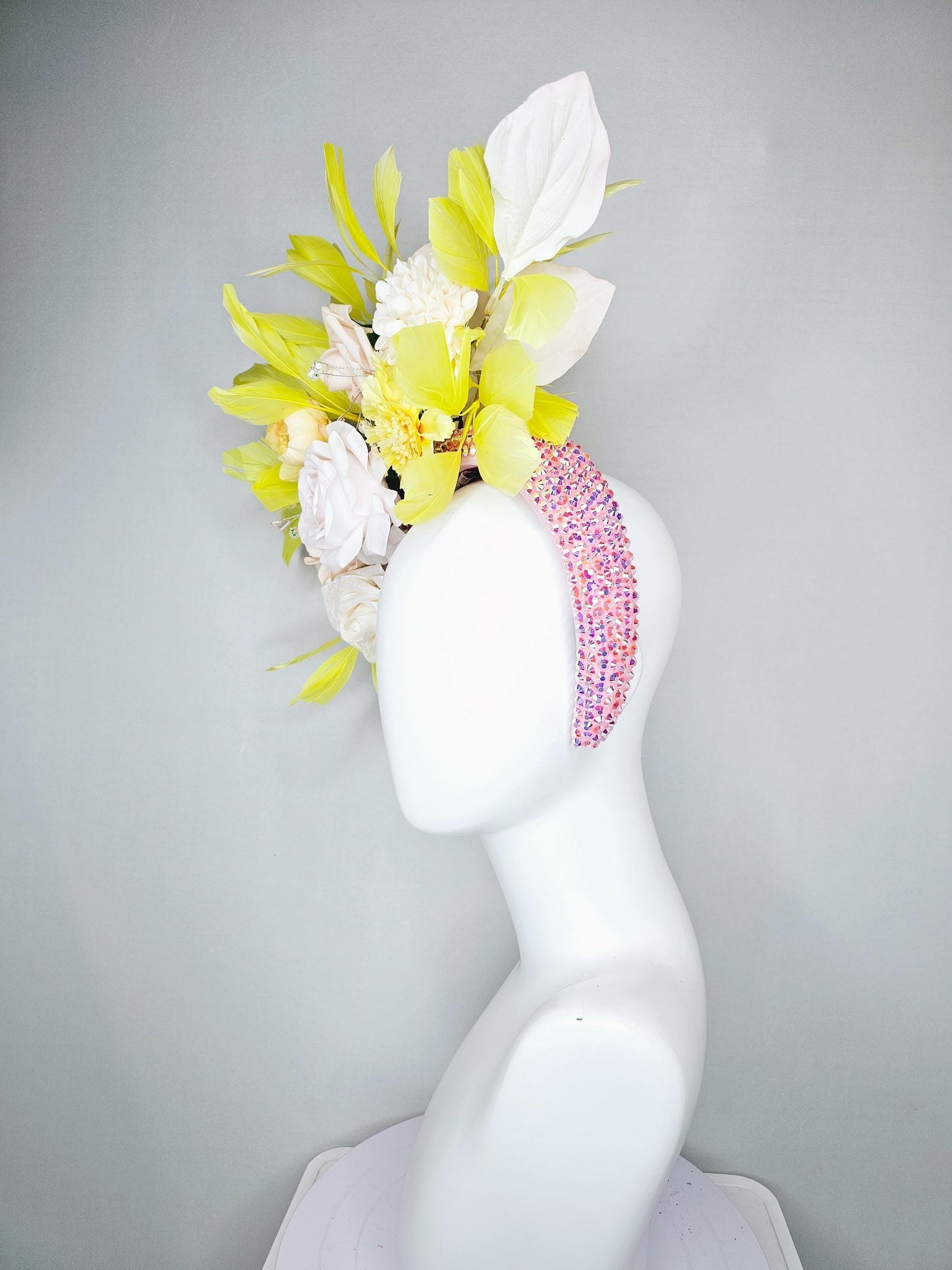 kentucky derby hat fascinator baby pink iridescent crystal headband,light pink rose flowers,white ivory light yellow flowers,yellow feathers