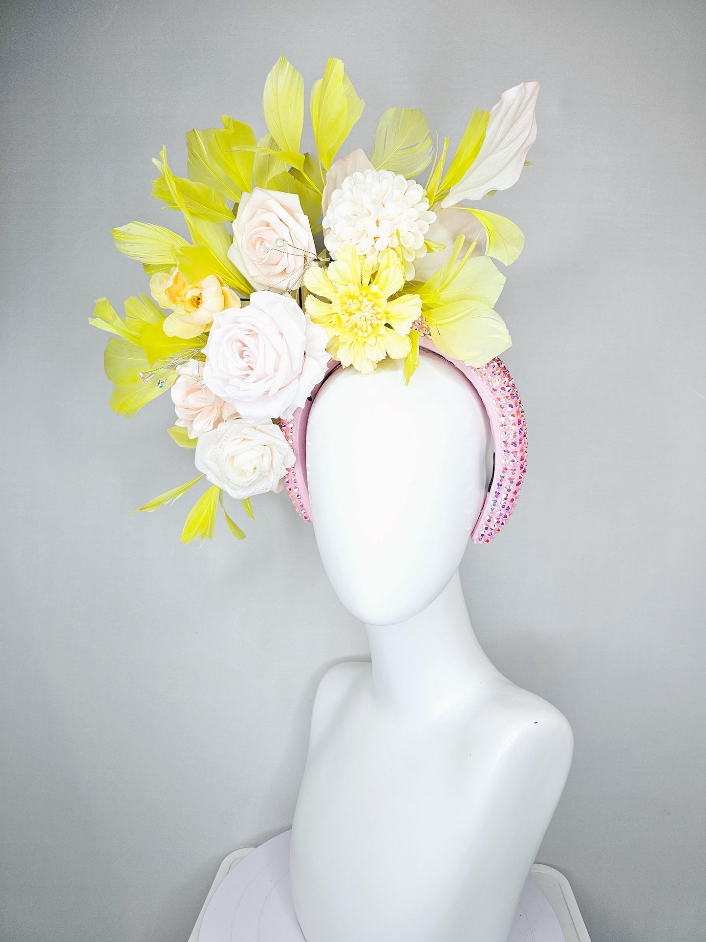 kentucky derby hat fascinator baby pink iridescent crystal headband,light pink rose flowers,white ivory light yellow flowers,yellow feathers