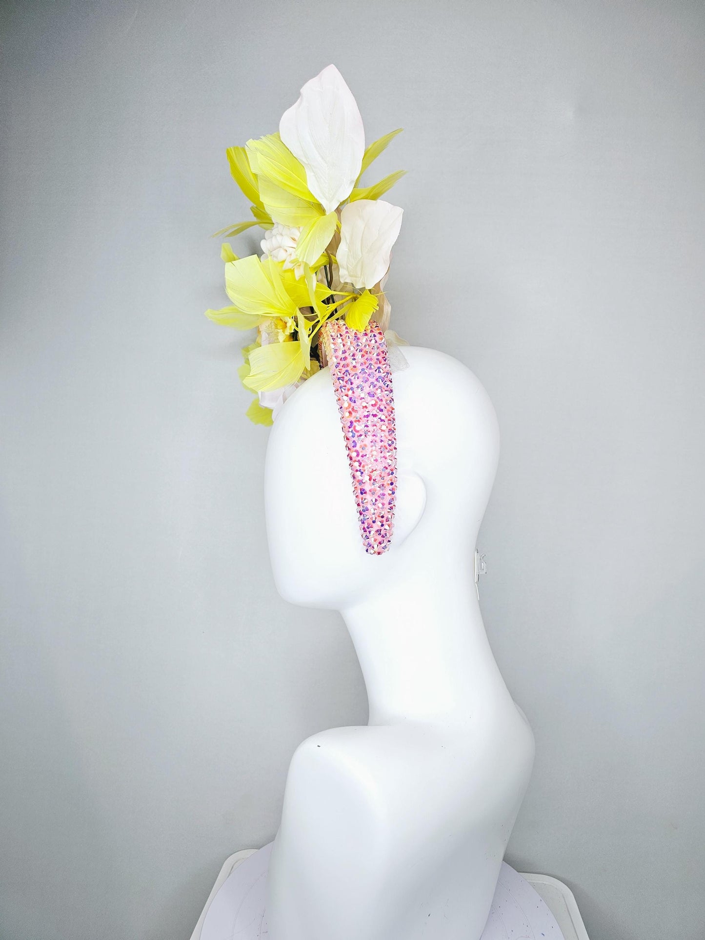 kentucky derby hat fascinator baby pink iridescent crystal headband,light pink rose flowers,white ivory light yellow flowers,yellow feathers