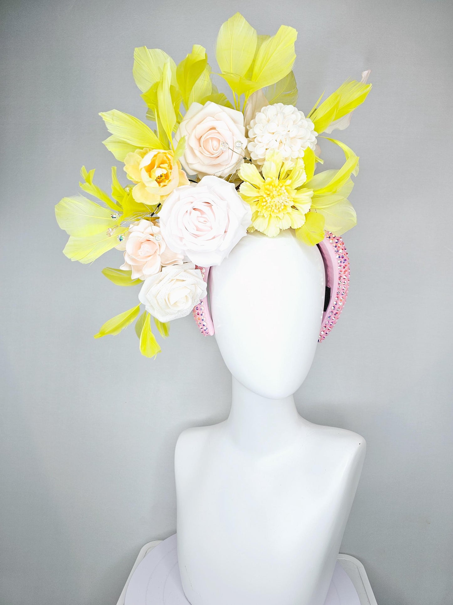 kentucky derby hat fascinator baby pink iridescent crystal headband,light pink rose flowers,white ivory light yellow flowers,yellow feathers