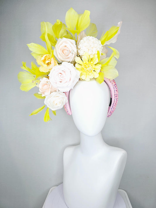 kentucky derby hat fascinator baby pink iridescent crystal headband,light pink rose flowers,white ivory light yellow flowers,yellow feathers