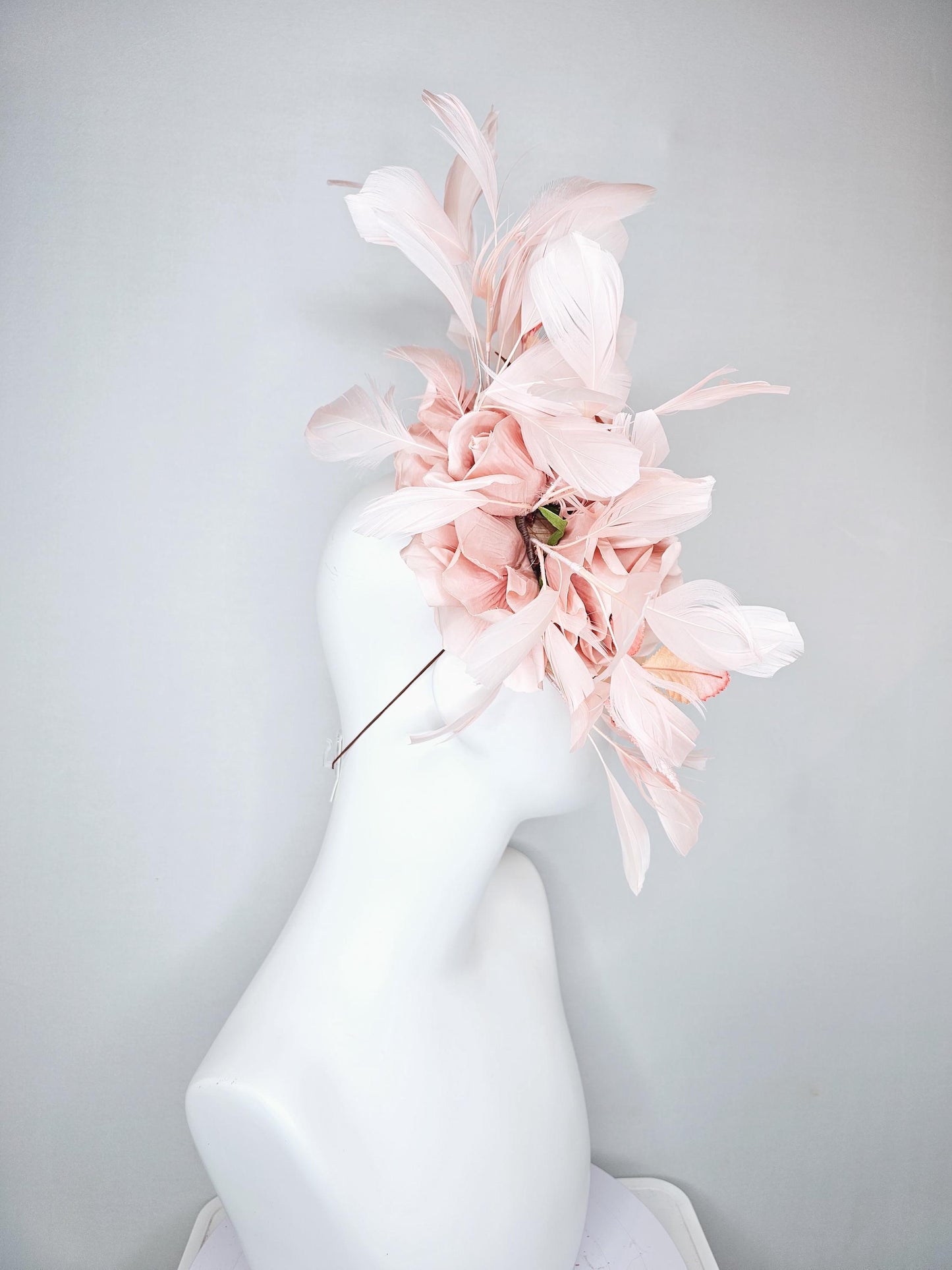 kentucky derby hat fascinator champagne satin with netting,light blush pink satin rose flowers,blush pink leaves,light blush pink feathers