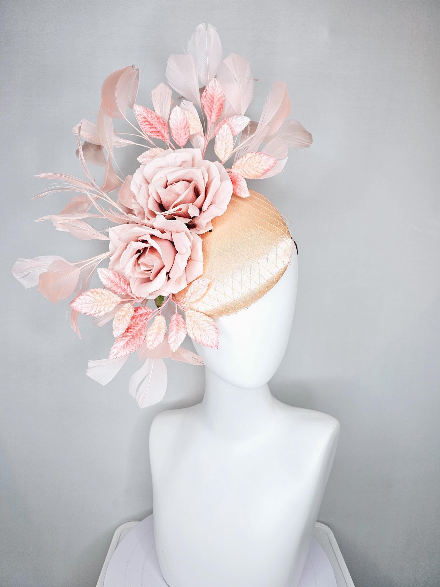 kentucky derby hat fascinator champagne satin with netting,light blush pink satin rose flowers,blush pink leaves,light blush pink feathers