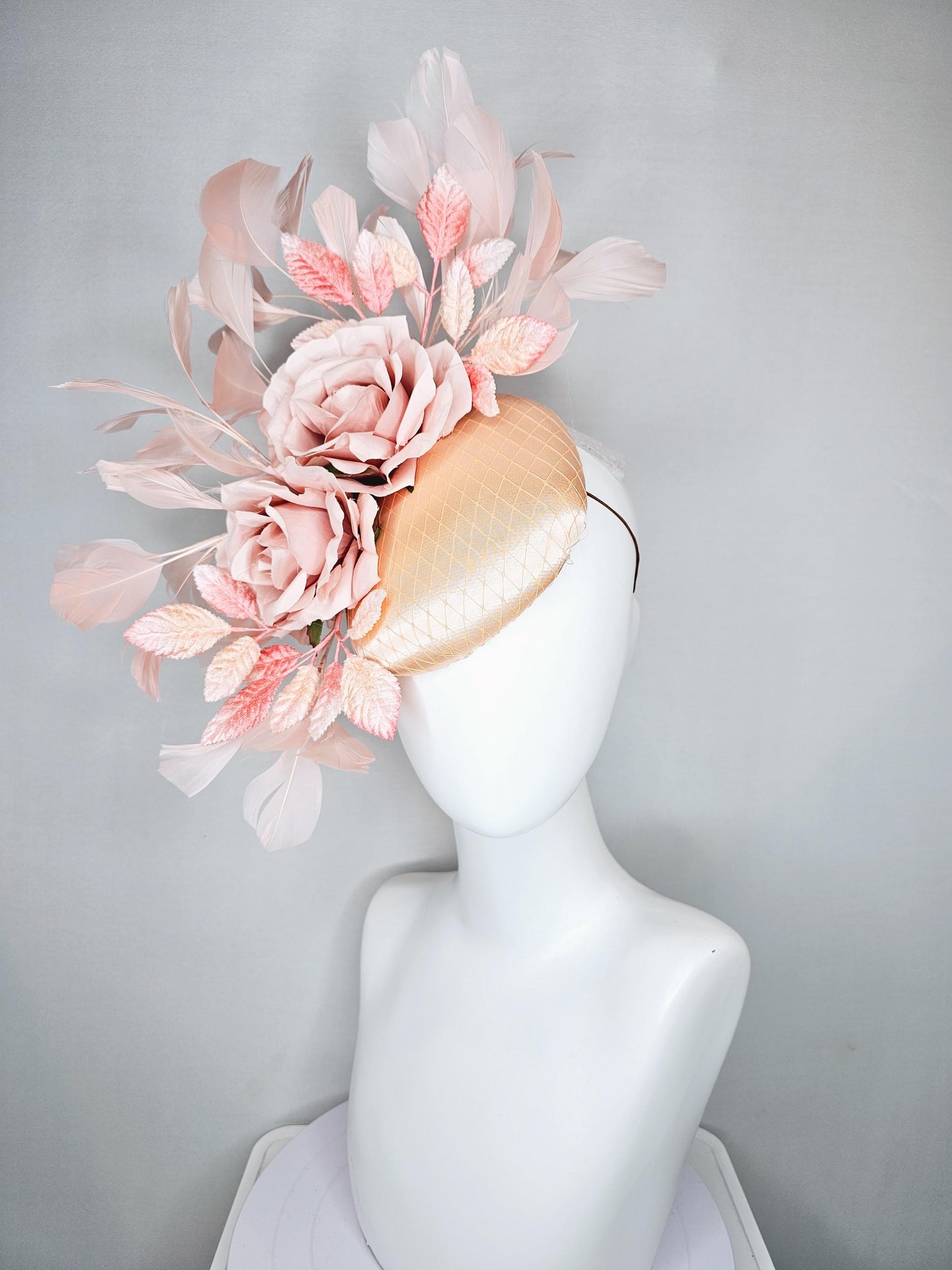 kentucky derby hat fascinator champagne satin with netting,light blush pink satin rose flowers,blush pink leaves,light blush pink feathers