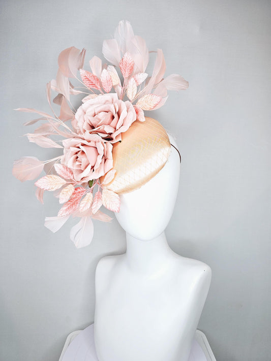 kentucky derby hat fascinator champagne satin with netting,light blush pink satin rose flowers,blush pink leaves,light blush pink feathers