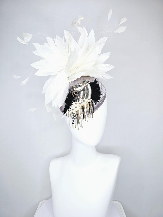 kentucky derby hat fascinator gray satin with netting and black gold silver pearl crystal rhinestone beaded horse,white branching feathers