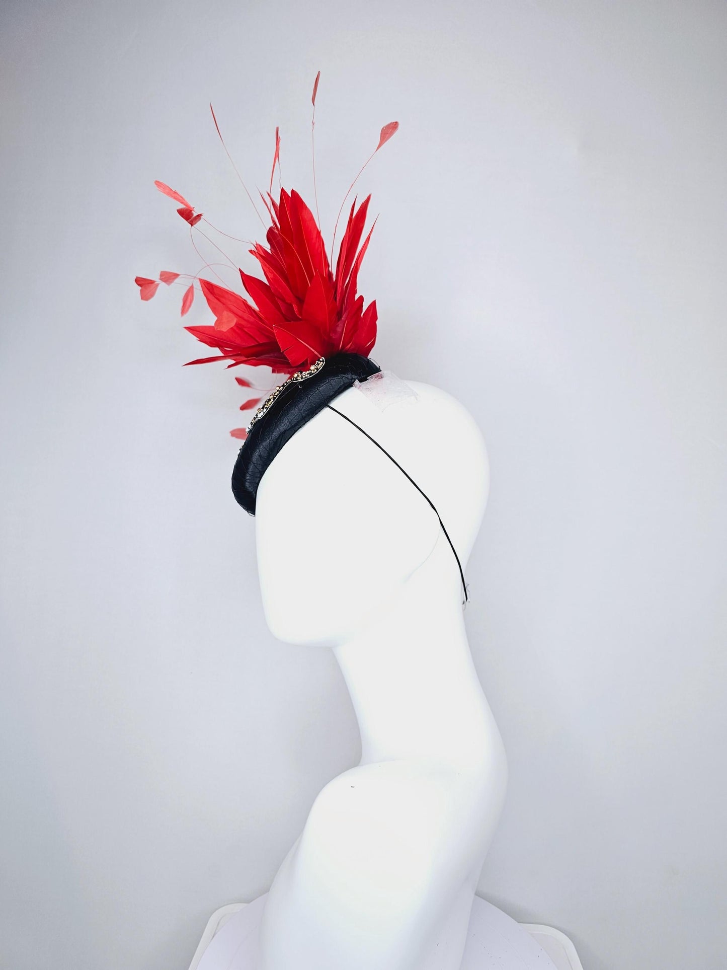 kentucky derby hat fascinator black satin with netting and black gold crystal rhinestone beaded tiger, red cherry branching feathers