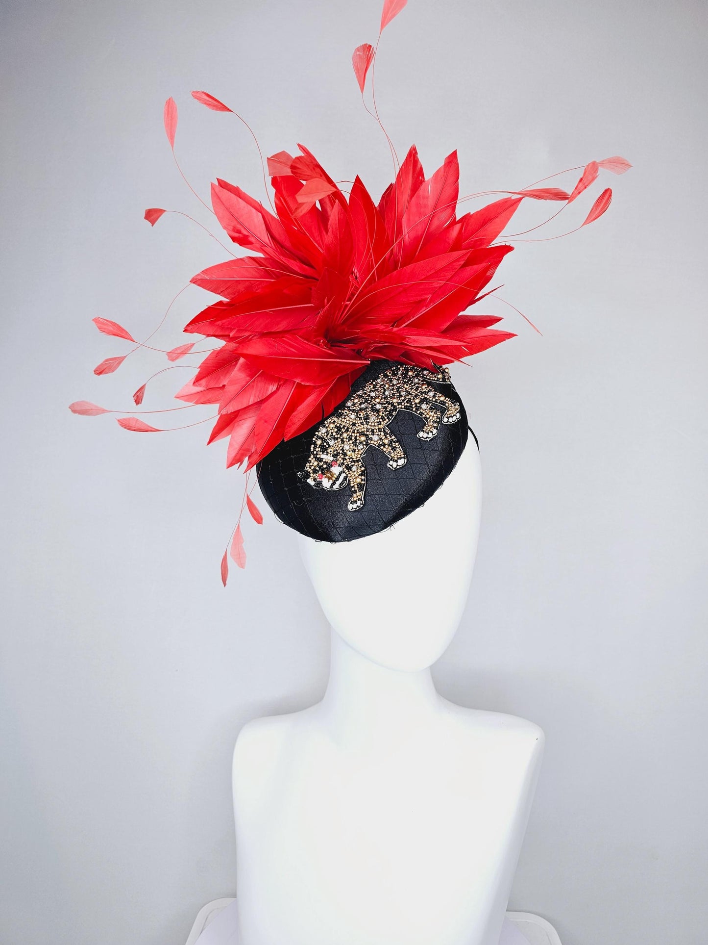 kentucky derby hat fascinator black satin with netting and black gold crystal rhinestone beaded tiger, red cherry branching feathers