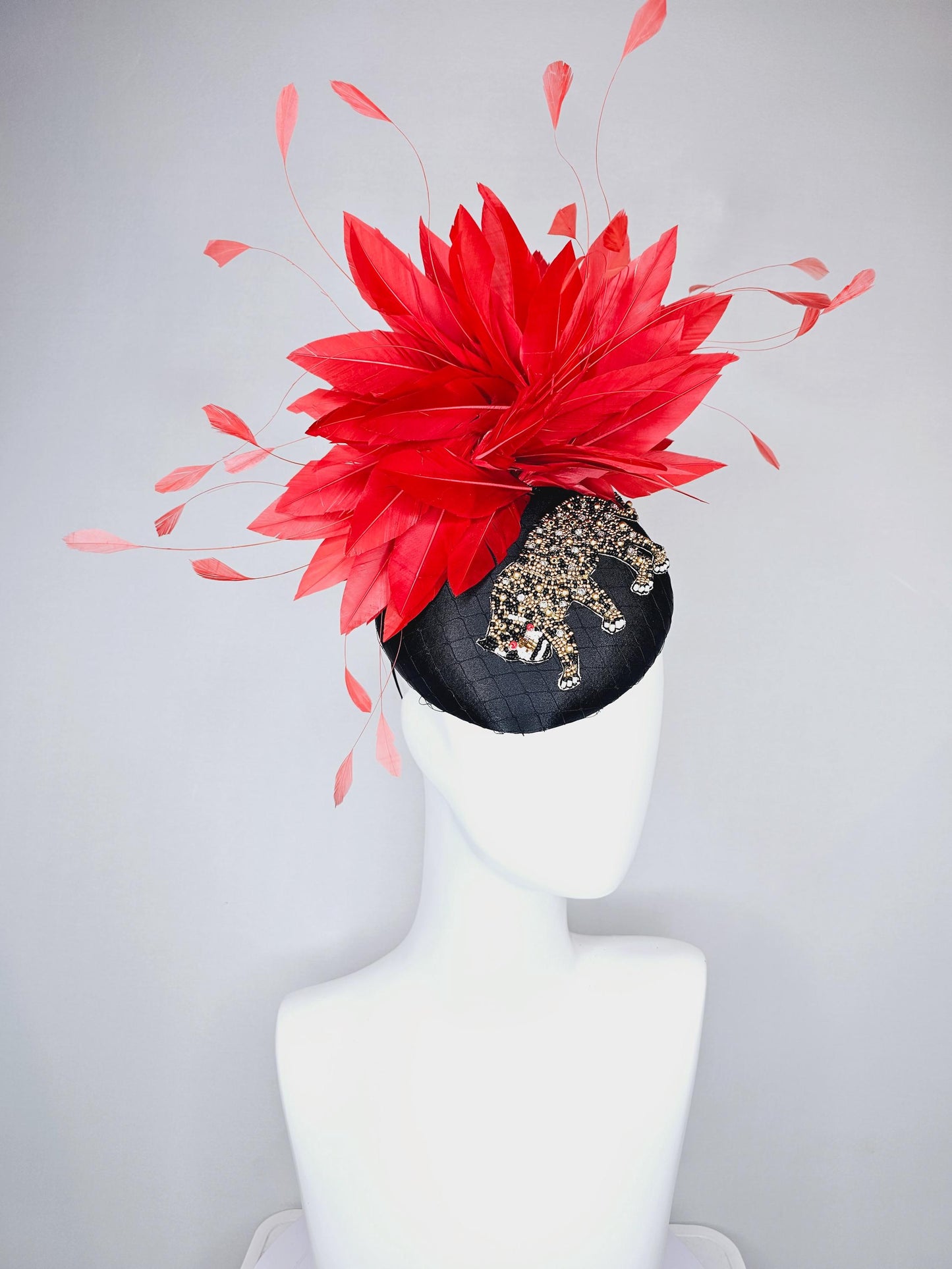 kentucky derby hat fascinator black satin with netting and black gold crystal rhinestone beaded tiger, red cherry branching feathers