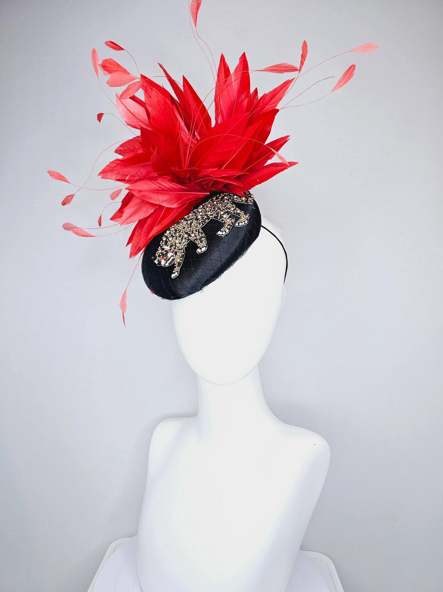 kentucky derby hat fascinator black satin with netting and black gold crystal rhinestone beaded tiger, red cherry branching feathers