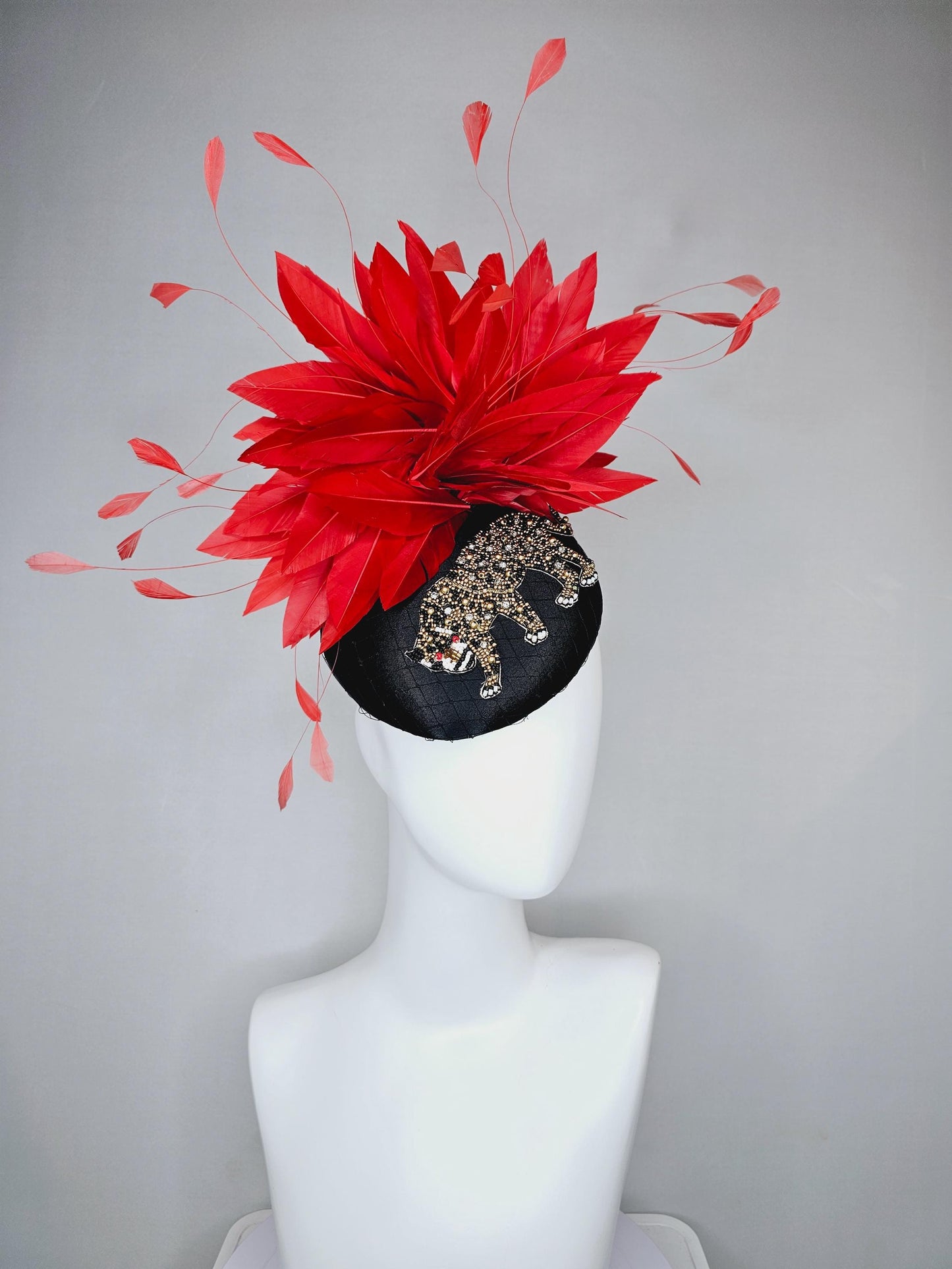 kentucky derby hat fascinator black satin with netting and black gold crystal rhinestone beaded tiger, red cherry branching feathers