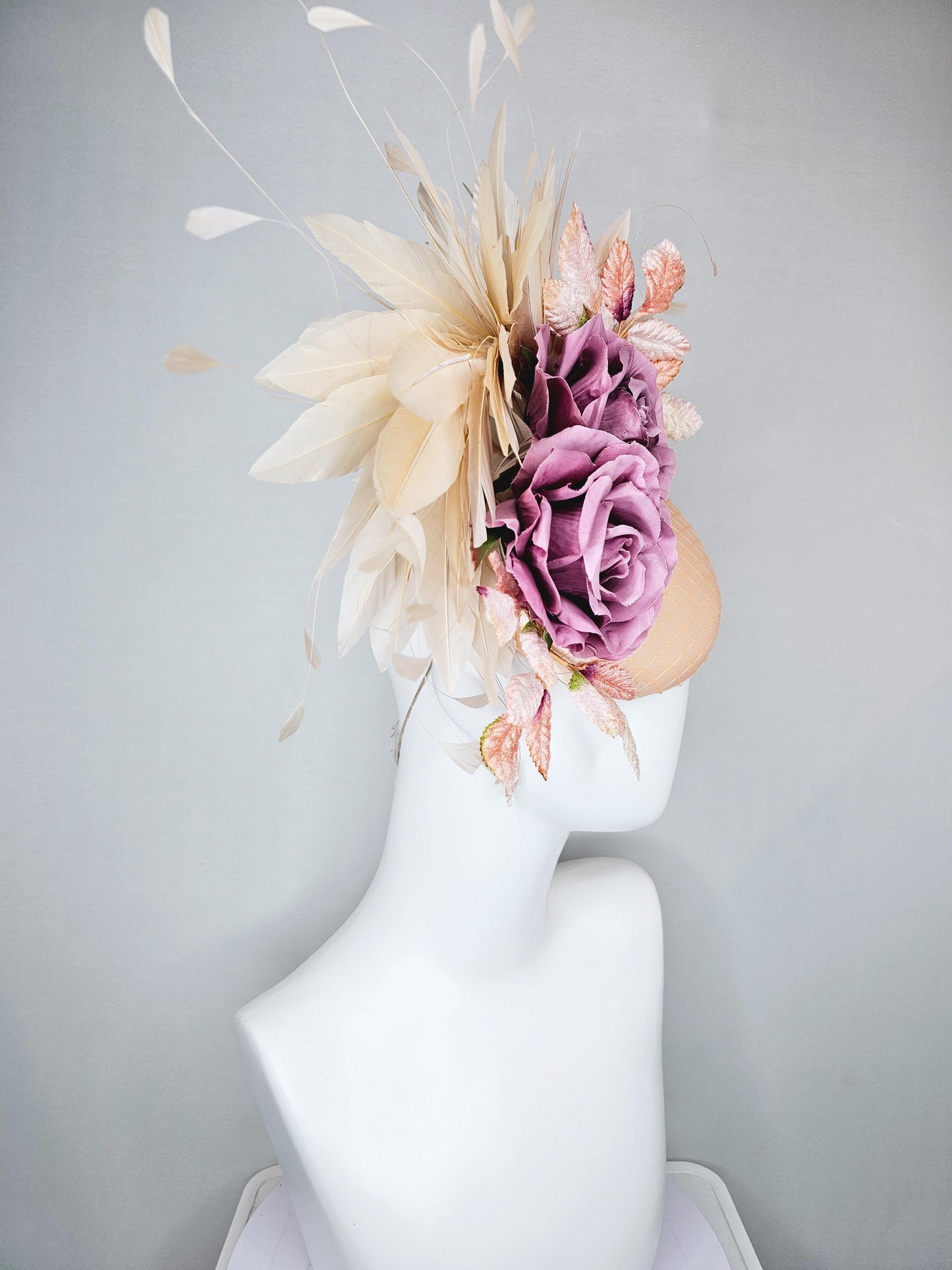 kentucky derby hat fascinator champagne satin with netting,lilac pink purple satin rose flowers,light pink leaves,neutral beige feathers