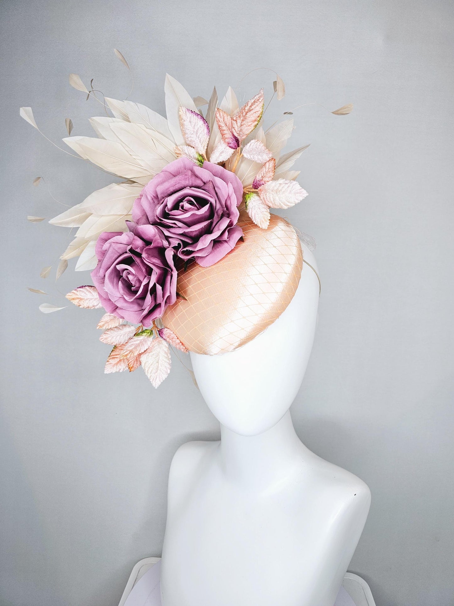 kentucky derby hat fascinator champagne satin with netting,lilac pink purple satin rose flowers,light pink leaves,neutral beige feathers