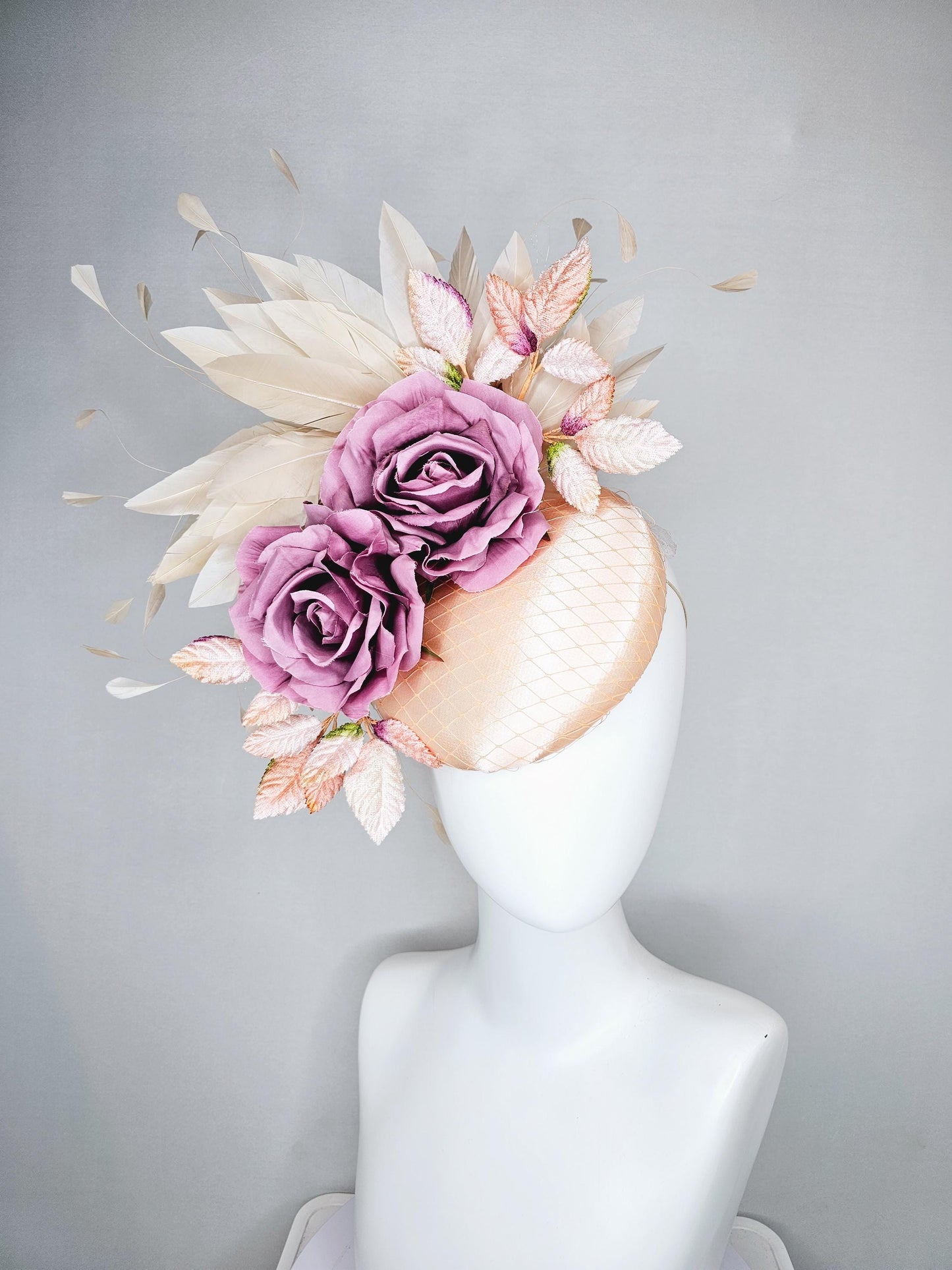 kentucky derby hat fascinator champagne satin with netting,lilac pink purple satin rose flowers,light pink leaves,neutral beige feathers