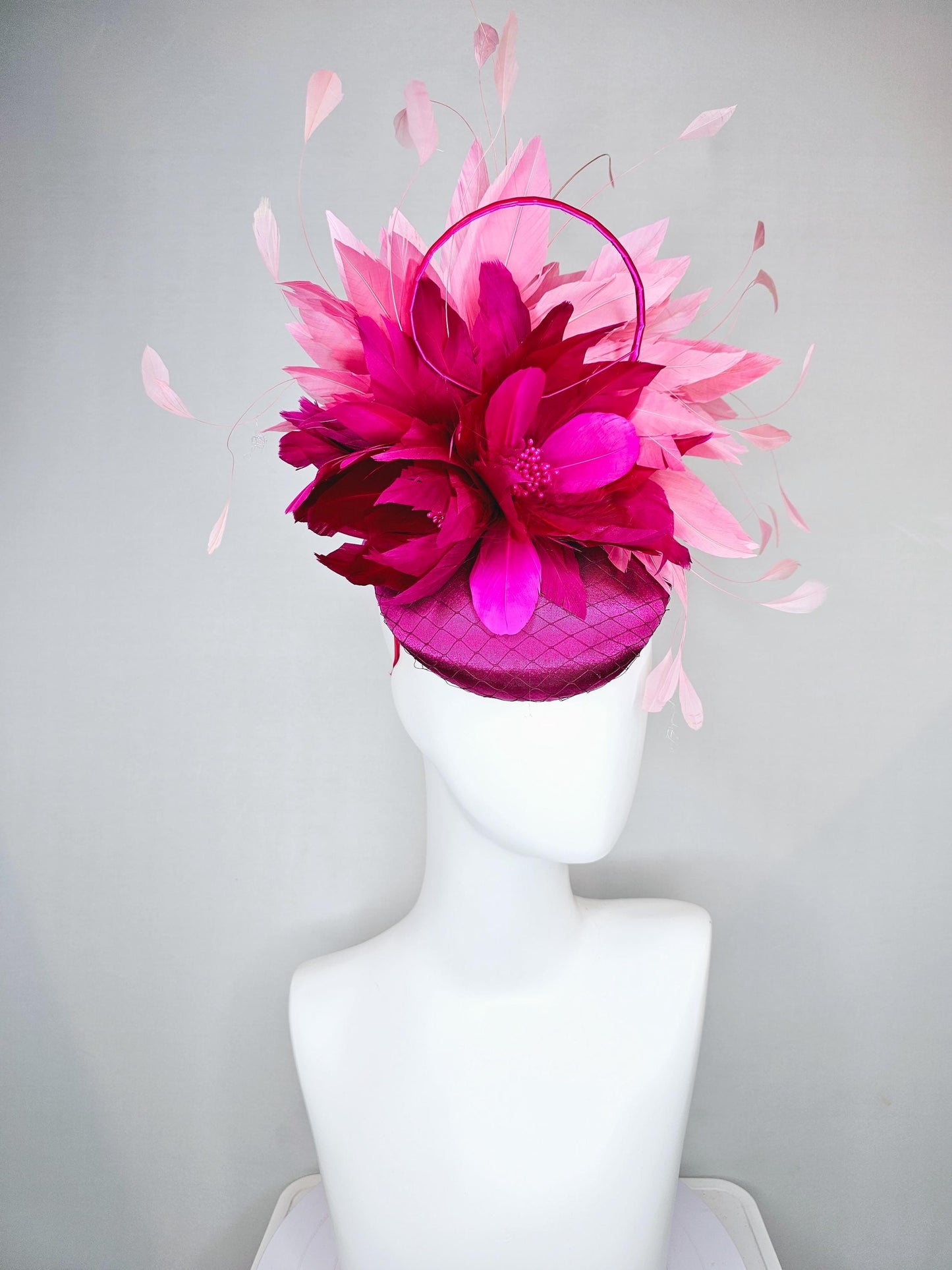 kentucky derby hat fascinator fuchsia pink satin with netting, fuchsia pink burgundy red feather flower, blush pink feathers