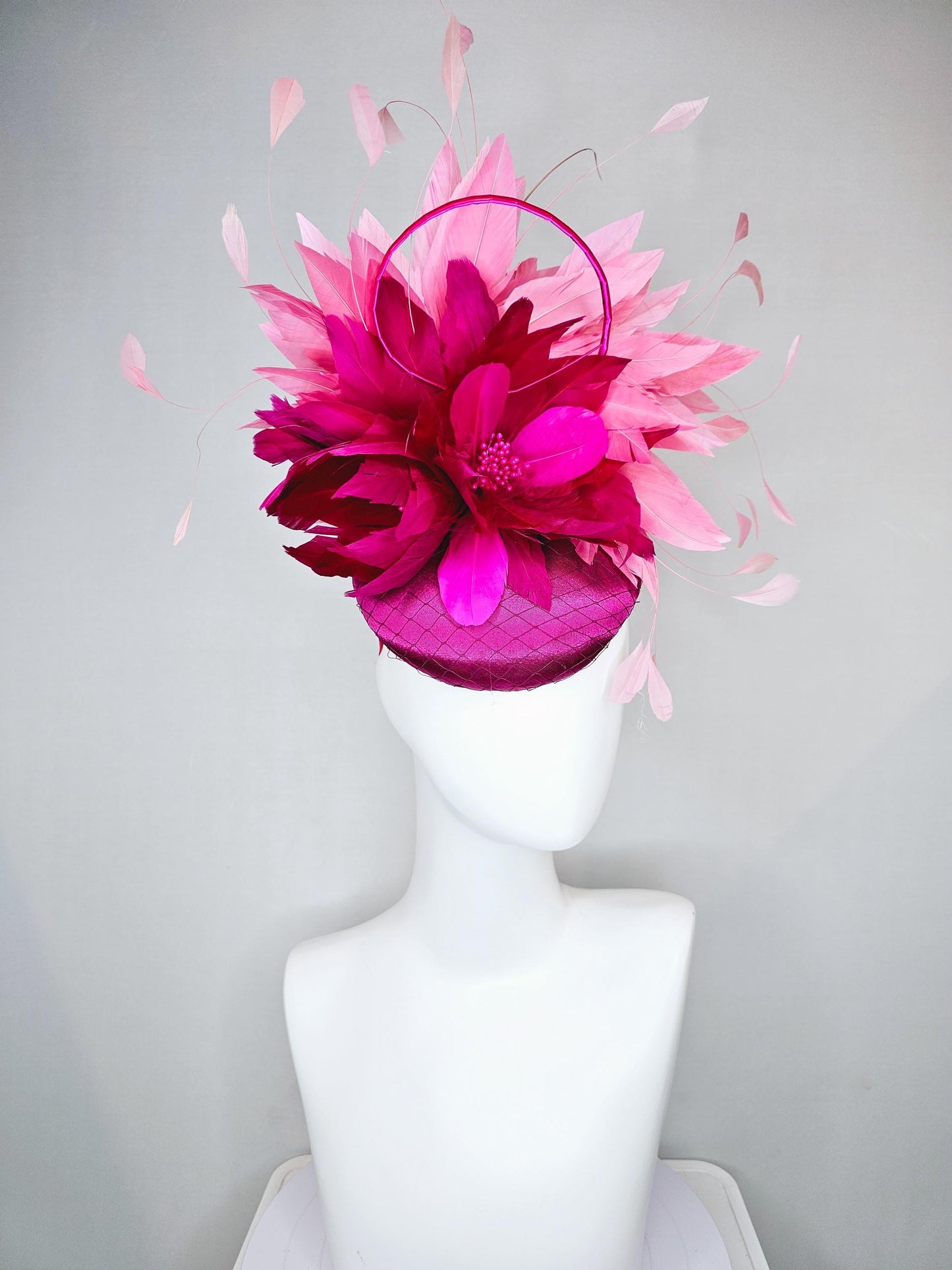 kentucky derby hat fascinator fuchsia pink satin with netting, fuchsia pink burgundy red feather flower, blush pink feathers